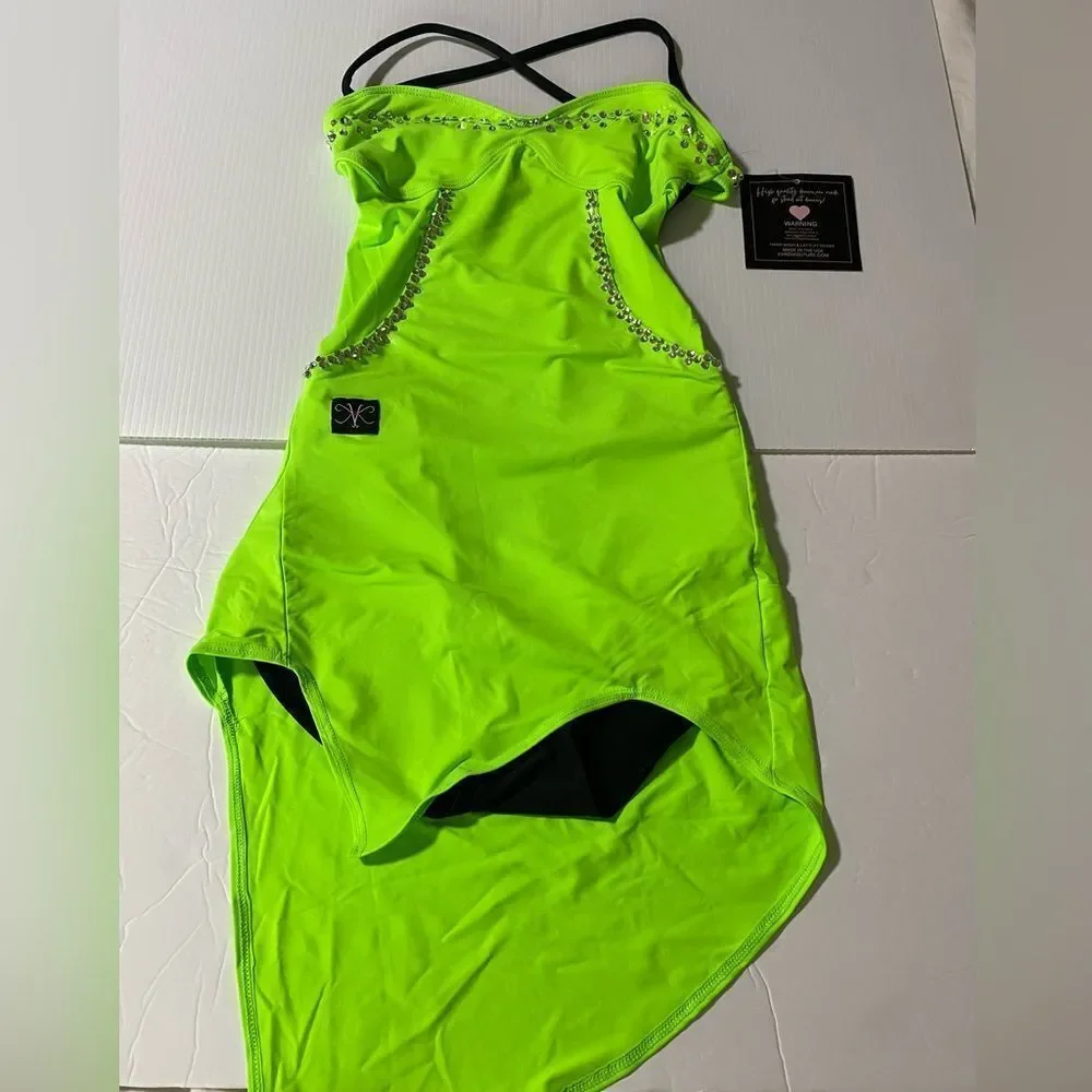 Kandi Kouture dance costume neon green SPOTLIGHT DRESS custom stoned XLC 10/12